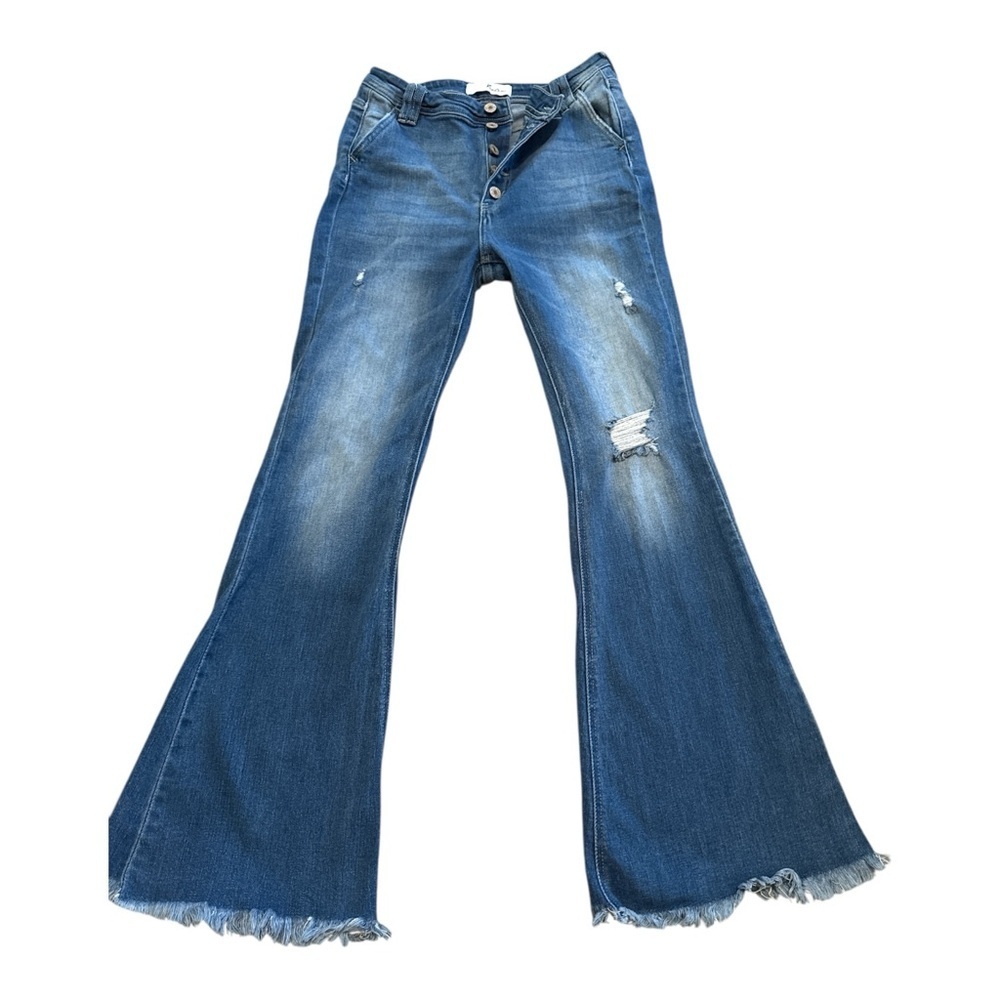 KanCan High Rise Flare Jeans 9 28 Distressed Raw Hem Button Fly Y2K Retro Boho - Picture 4 of 10